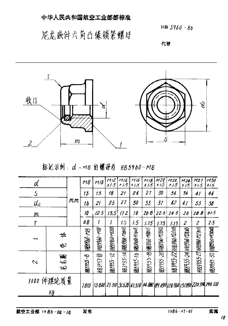 HB 5960-1986尼龙嵌件六角凸缘锁紧螺母