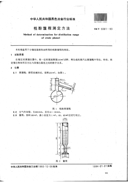YB/T 5081-1993粗酚馏程测定方法Method of determination for distillation range of crude phenol