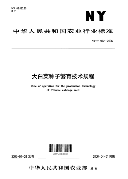 NY/T 972-2006大白菜种子繁育技术规程Rule of operation for the production technology of Chinese cabbage seed