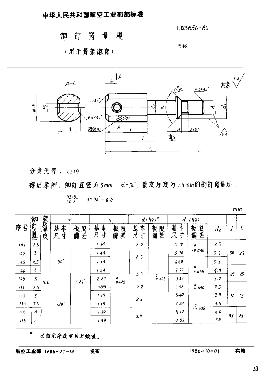 HB 3856-1986铆钉窝量规 （用于骨架锪窝）