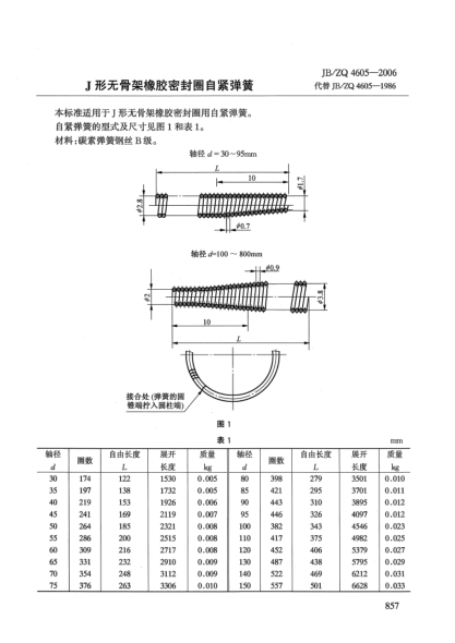 JB/ZQ 4605-2006J形无骨架橡胶密封圈自紧弹簧