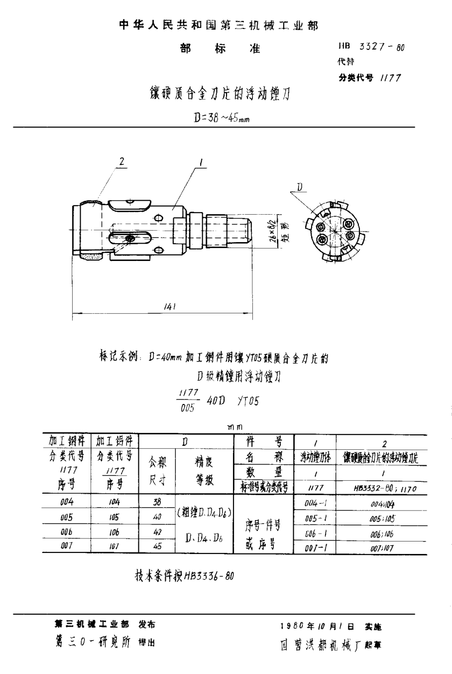 HB 3327-1980镶硬质合金刀片的浮动镗刀 D＝38~45mm