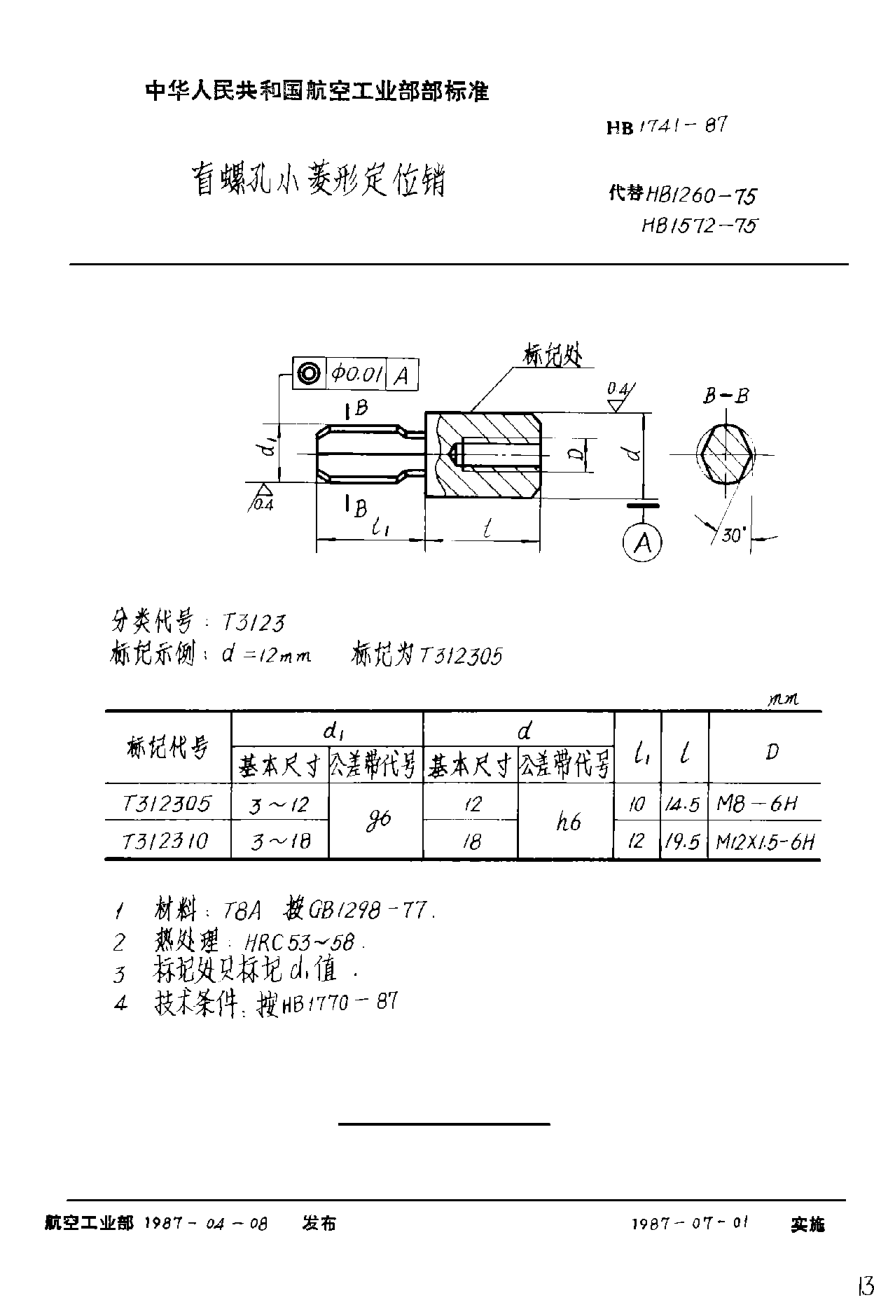 HB 1741-1987盲螺孔小菱形定位销