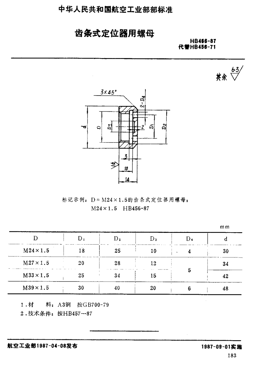 HB 456-1987齿条式定位器用螺母