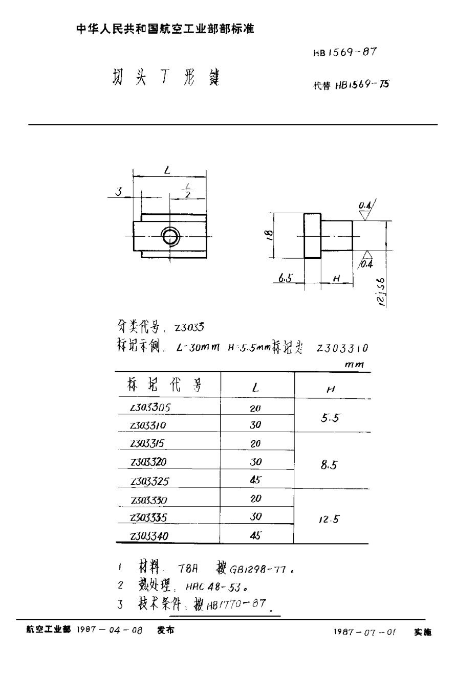 HB 1569-1987切头Ｔ形键