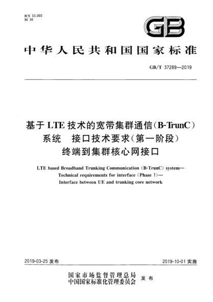 GB/T 37289-2019基于LTE技术的宽带集群通信(B-TrunC)系统  接口技术要求(第一阶段)  终端到集群核心网接口