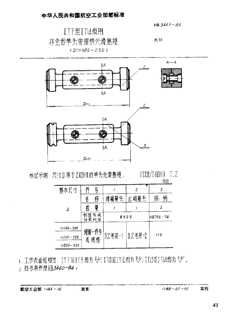 HB 3449-1984IT7至IT14级用非全形单头带握柄光滑塞规（D>180~250）