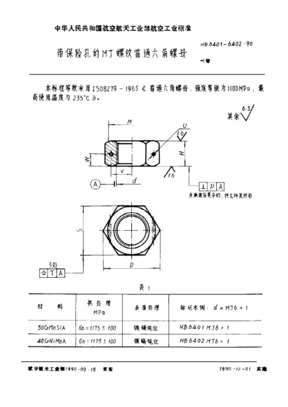 HB 6402-1990带保险孔的ＭＪ螺纹普通六角螺母