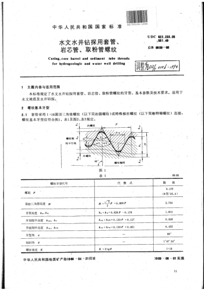 DZ/T 0106-1994水文水井钻探用套管、岩芯管、取粉管螺纹Casing core barrel and sediment tube threads for hydrogeologic and water well drilling