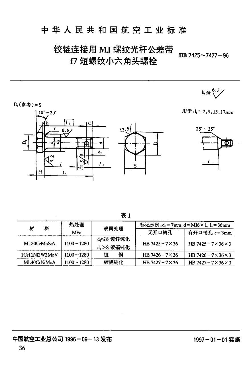 HB 7425-1996铰链连接用ＭＪ螺纹光杆公差带ｆ７短螺纹小六角头螺栓