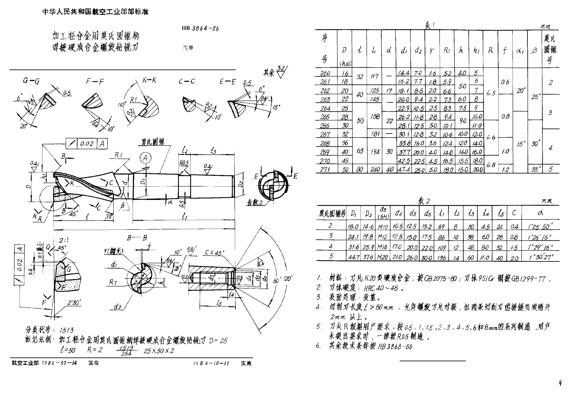 HB 3864-1986加工轻合金用莫氏圆锥柄焊接硬质合金螺旋钻铣刀