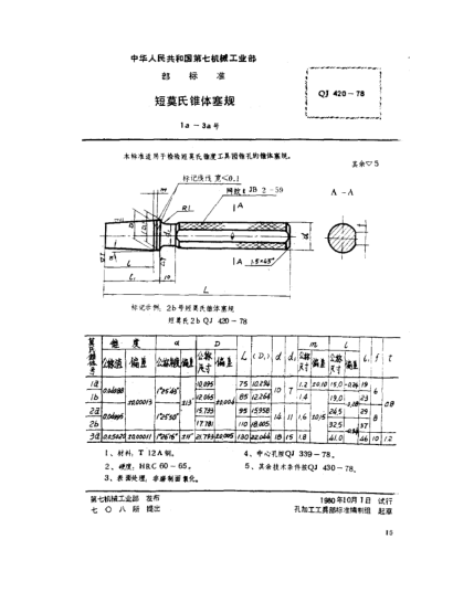 QJ 420-1978短莫氏锥体塞规(1a～3a号)