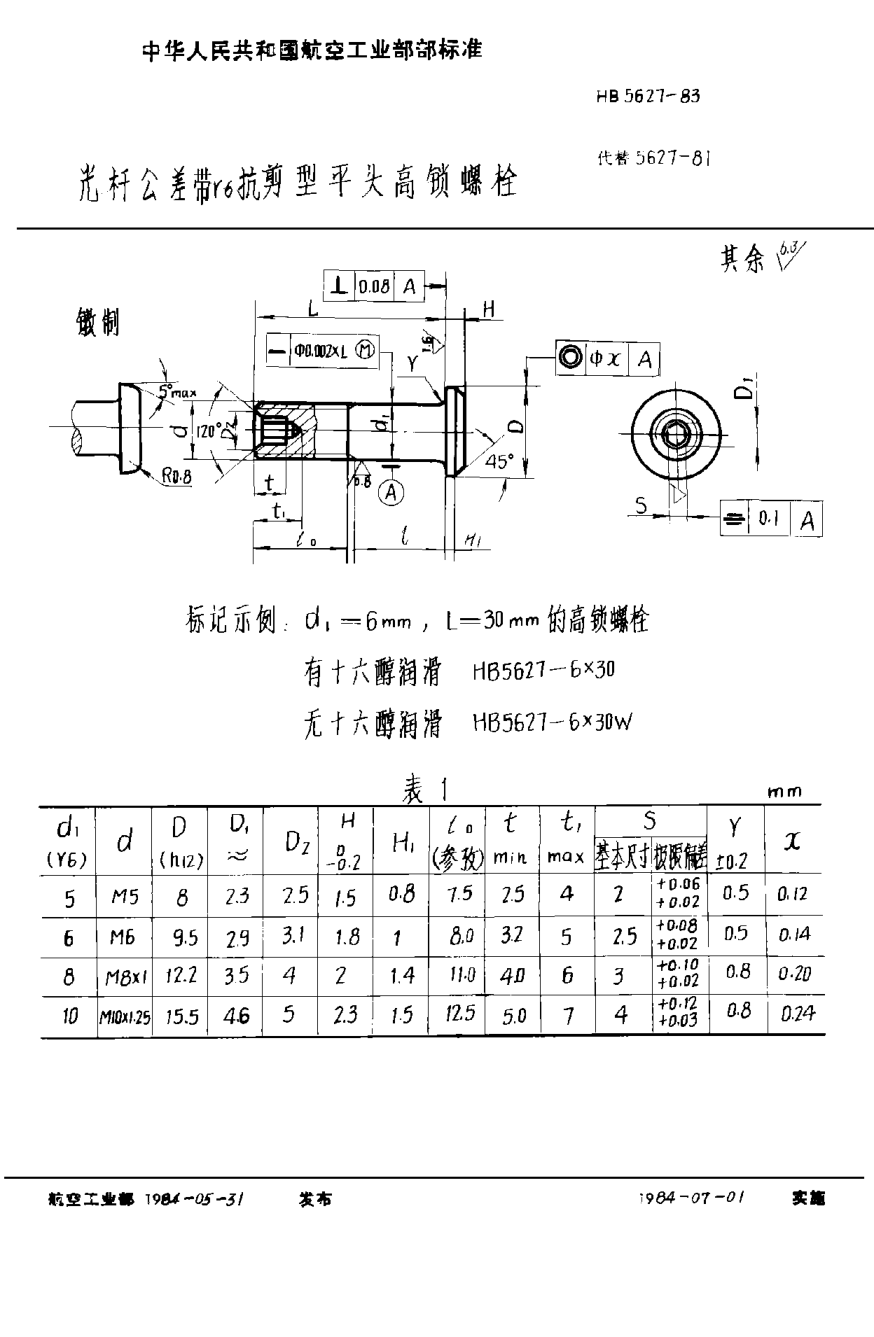 HB 5627-1983光杆公差带ｒ６抗剪型平头高锁螺栓