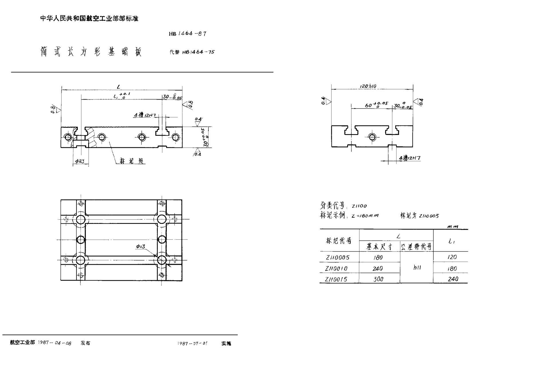 HB 1464-1987简式长方形基础板
