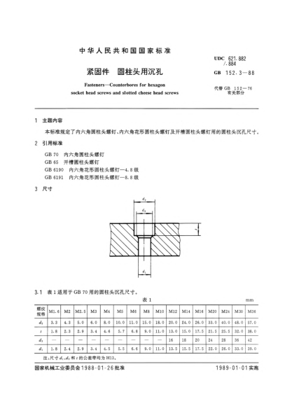 GB/T 152.3-1988紧固件  圆柱头用沉孔