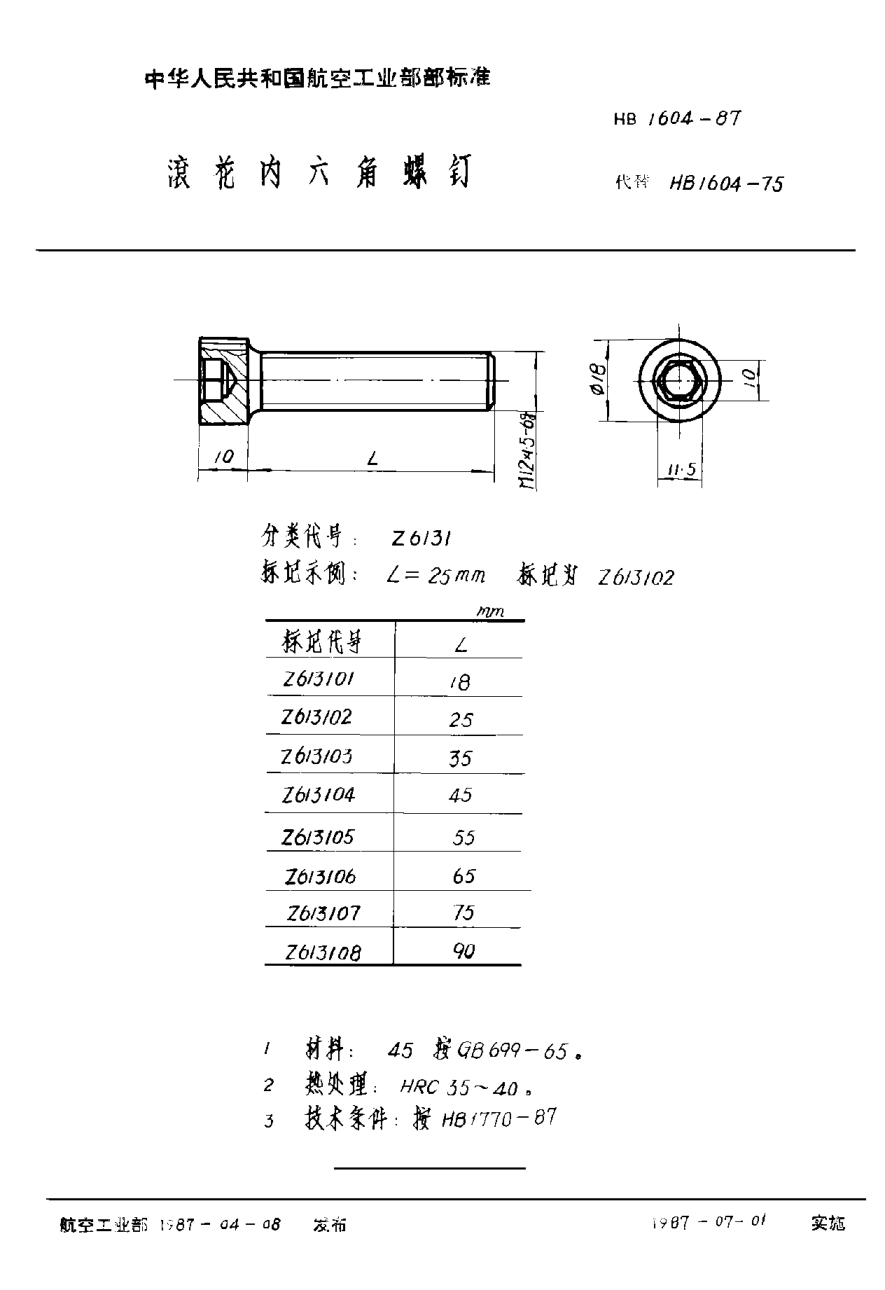 HB 1604-1987滚花内六角螺钉