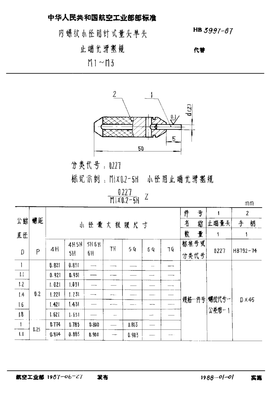 HB 3997-1987内螺纹小径用针式量头单头止端光滑塞规 M1？M3