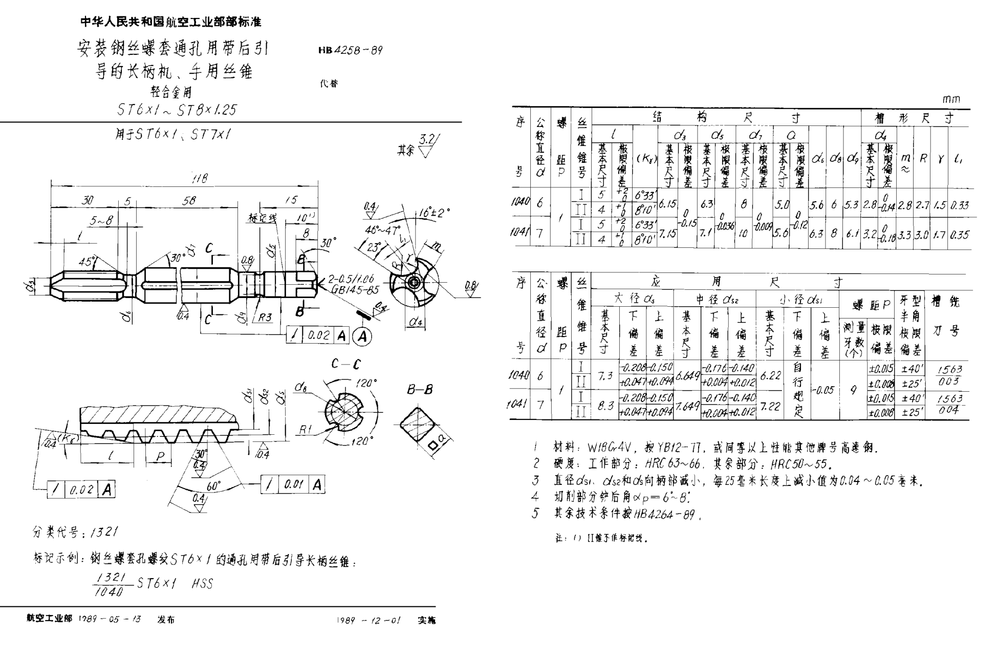 HB 4258-1989安装钢丝螺套通孔用带后引导的长柄机、手用丝锥 轻合金用 ＳＴ６×１~ＳＴ８×1.25