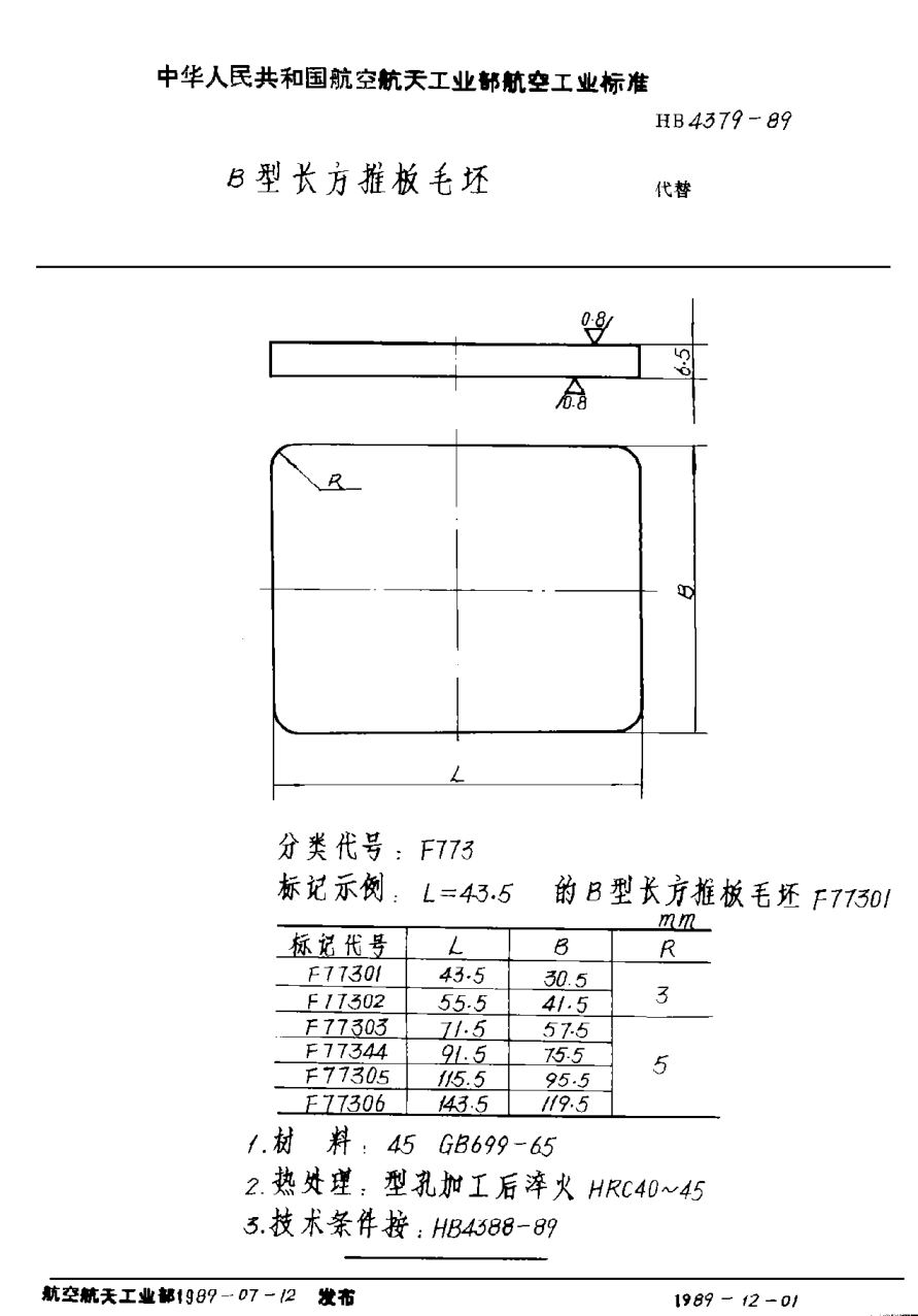 HB 4379-1989Ｂ型长方推板毛坯