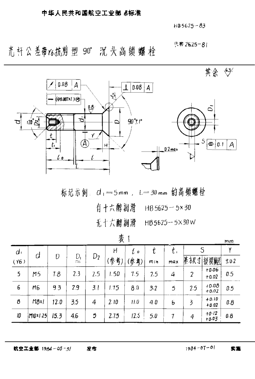 HB 5625-1983光杆公差带ｒ６抗剪型９０°沉头高锁螺栓