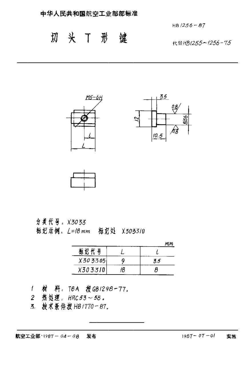 HB 1256-1987切头Ｔ形键