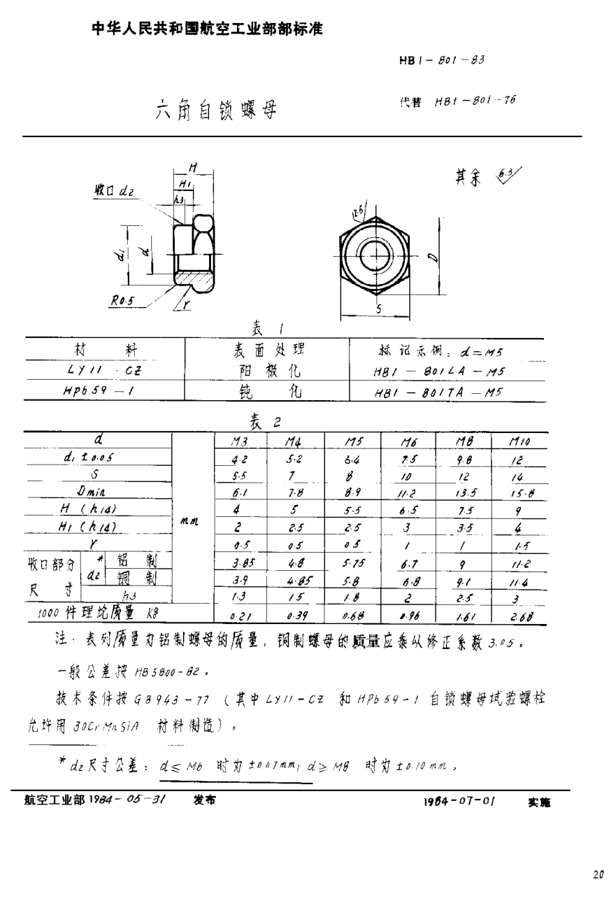 HB 1-801-1983六角自锁螺母