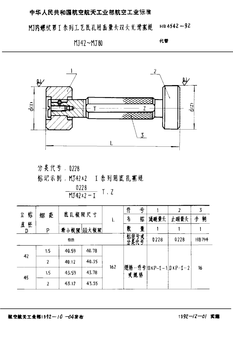 HB 4542-1992ＭＪ内螺纹第Ⅰ系列工艺底孔用套量头双头光滑塞规 ＭＪ４２~ＭＪ８０