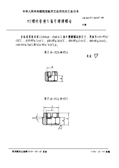 HB 6422-1990ＭＪ螺纹普通六角开槽薄螺母