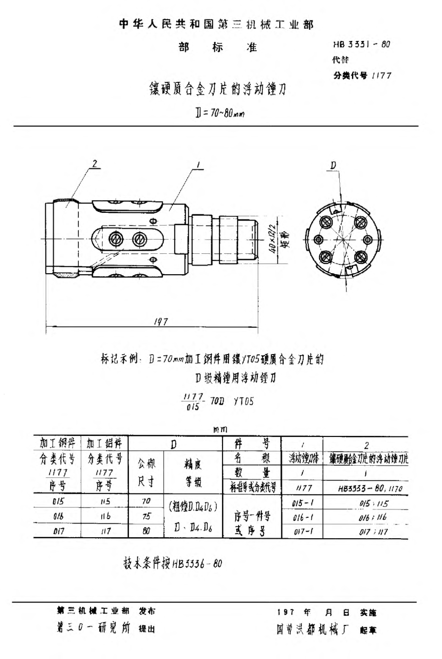 HB 3331-1980镶硬质合金刀片的浮动镗刀 D＝70~80mm