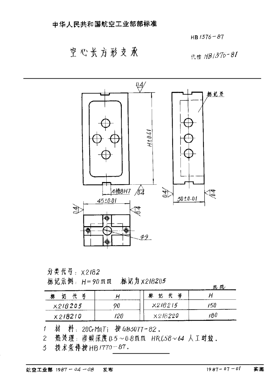 HB 1376-1987空心长方形支承