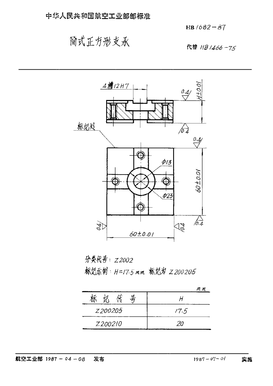 HB 1682-1987简式正方形支承