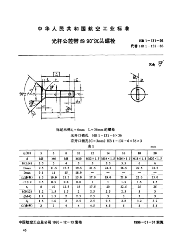 HB 1-131-1995光杆公差带f9 90°沉头螺栓