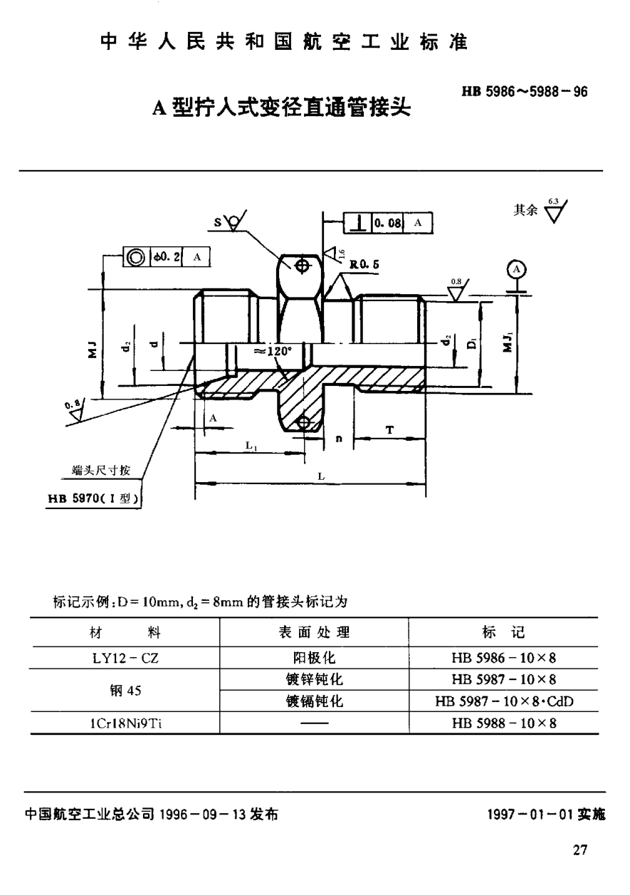 HB 5986-1996Ａ型拧入式变径直通管接头