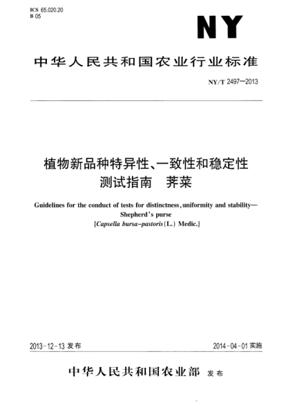 NY/T 2497-2013植物新品种特异性、一致性和稳定性测试指南 荠菜