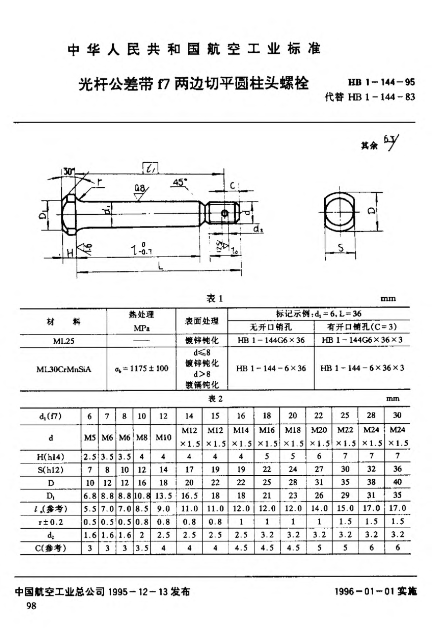 HB 1-144-1995光杆公差带f7两边切平圆柱头螺栓