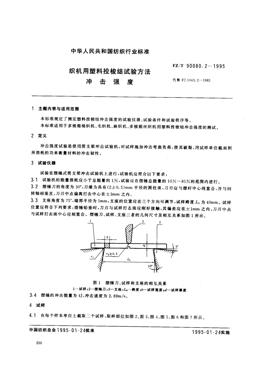FZ/T 90080.2-1995织机用塑料投梭结试验方法  冲击强度
