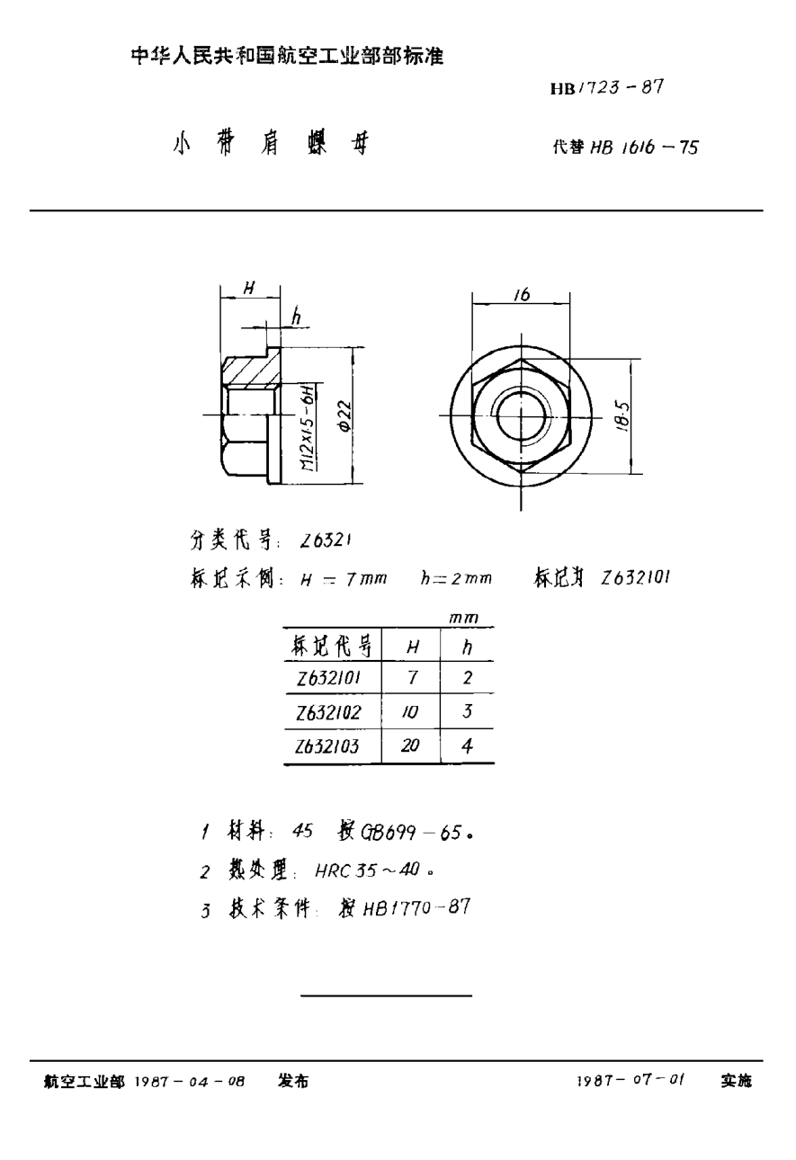 HB 1723-1987小带肩螺母