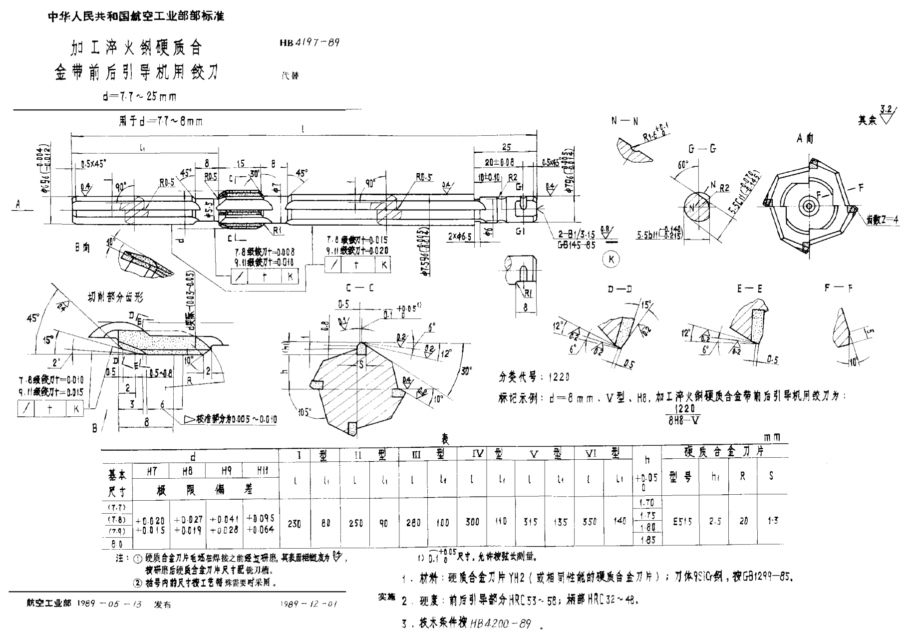 HB 4197-1989加工淬火钢硬质合金带前后引导机用铰刀 ｄ＝７．７~２５ｍｍ