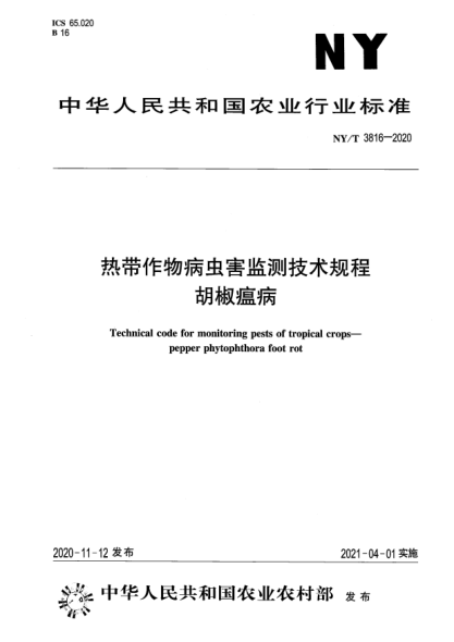 NY/T 3816-2020热带作物病虫害监测技术规程 胡椒瘟病