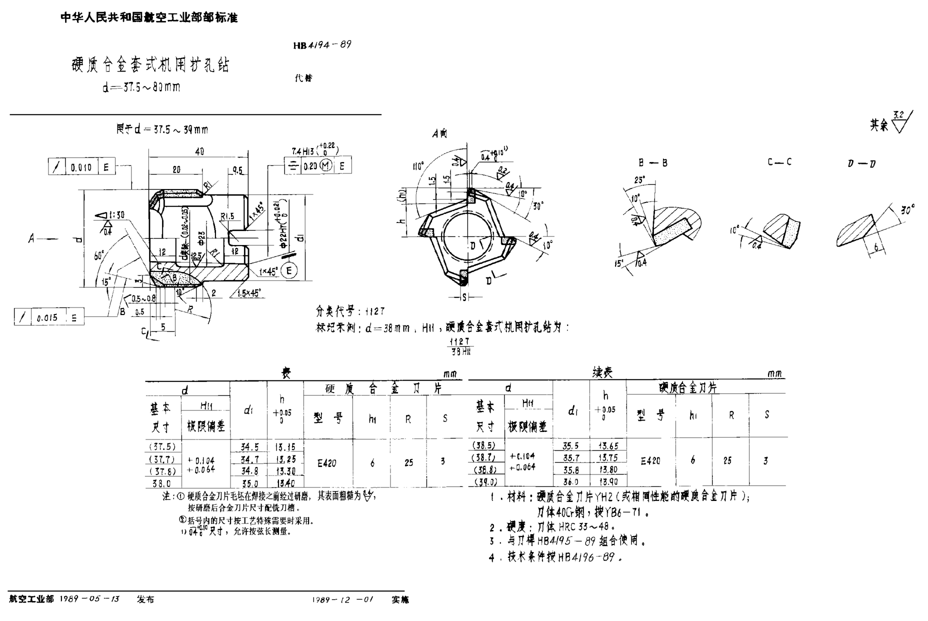 HB 4194-1989硬质合金套式机用扩孔钻 ｄ＝３７．５~８０ｍｍ