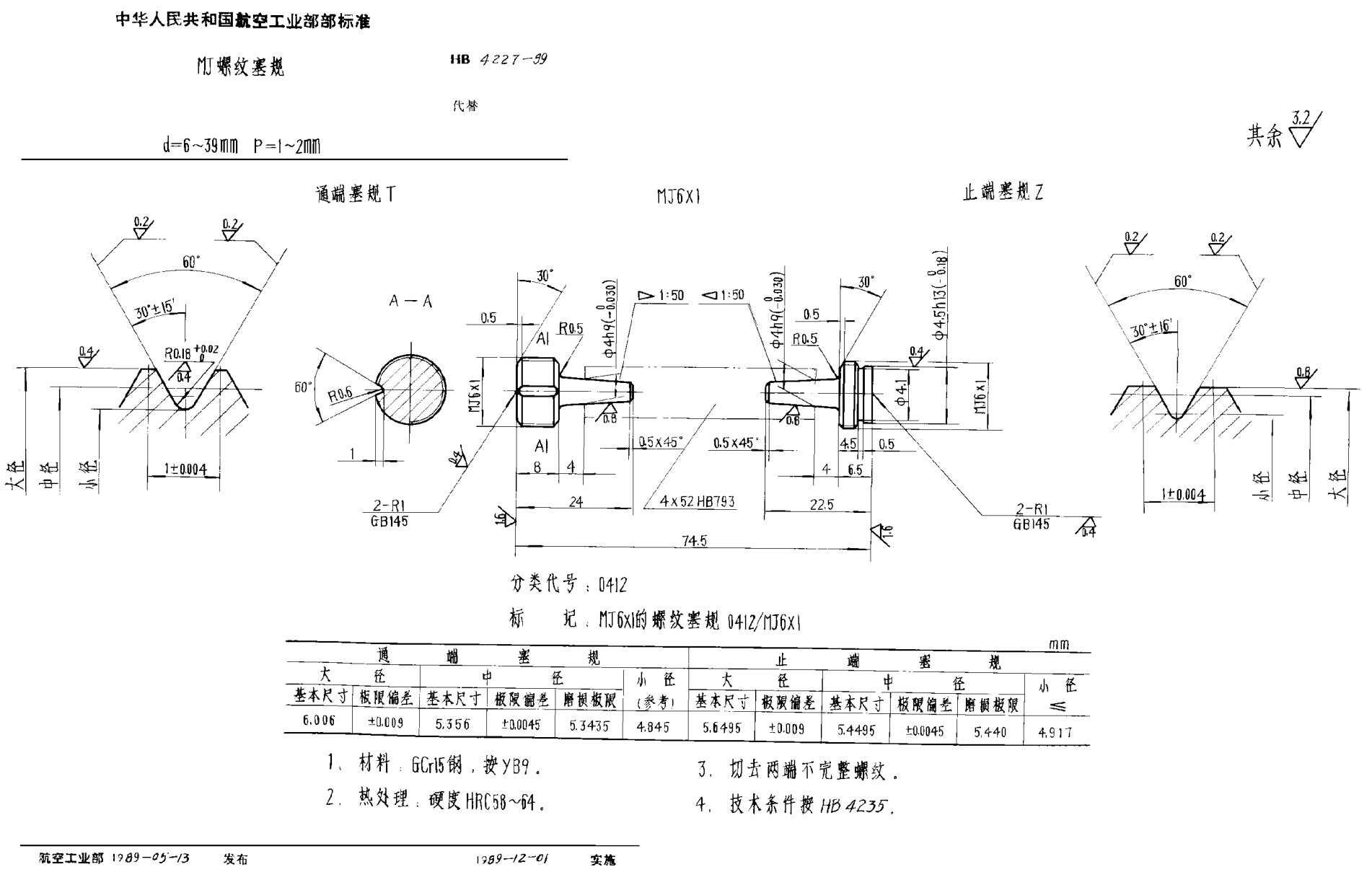 HB 4227-1989ＭＪ螺纹塞规 ｄ＝６~３９ｍｍ Ｐ＝１~２ｍｍ