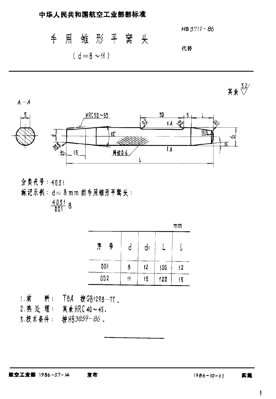 HB 3711-1986手用锥形平窝头（d＝8~11）
