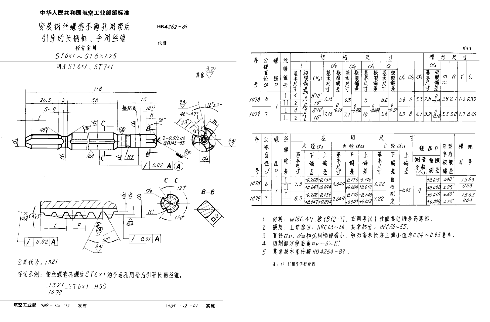HB 4262-1989安装钢丝螺套不通孔用带后引导的长柄机、手用丝锥u3000轻合金用u3000ＳＴ６×１~ＳＴ８×1.25