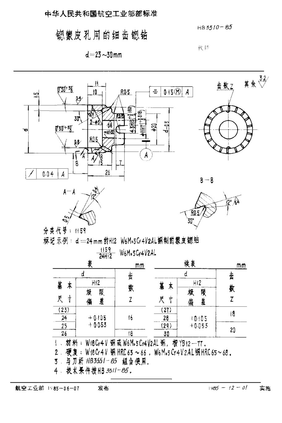 HB 3510-1985锪蒙皮孔用的细齿锪钻 d＝23~30mm