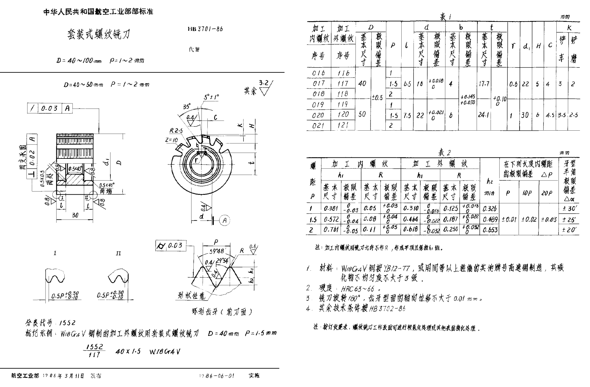 HB 3701-1986套装式螺纹铣刀 D＝40~100mm P＝1~2mm