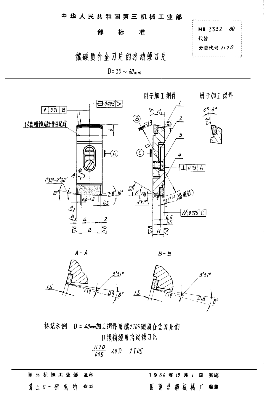 HB 3332-1980镶硬质合金刀片的浮动镗刀片 D＝30~60mm