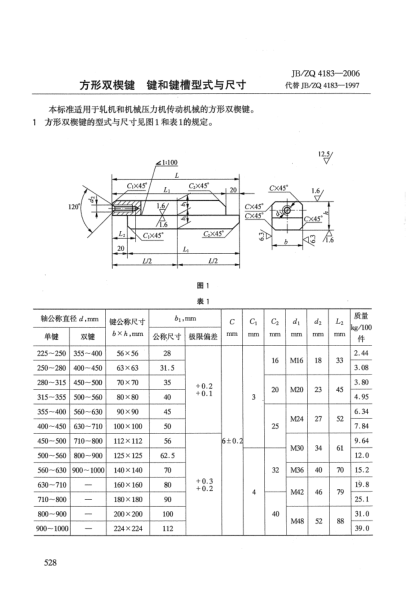 JB/ZQ 4183-2006方形双楔键.键和键槽型式与尺寸