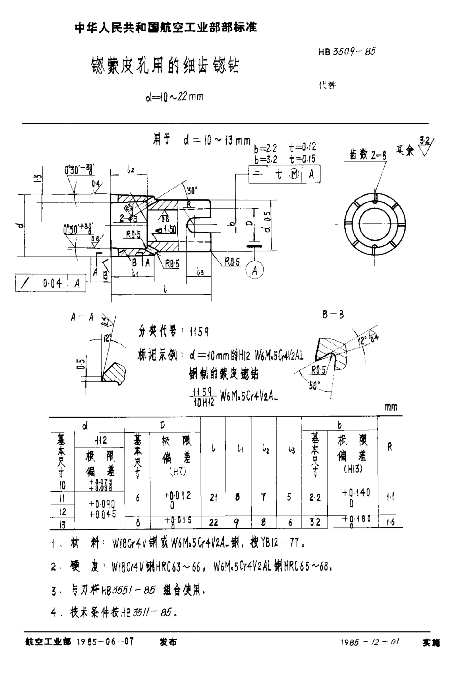 HB 3509-1985锪蒙皮孔用的细齿锪钻 d＝10~22mm