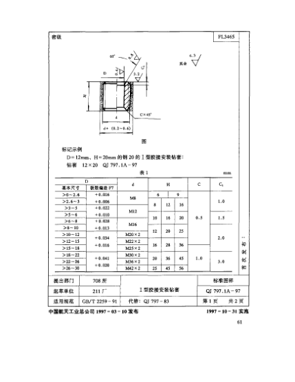 QJ 797.1A-1997机床夹具零件及部件 Ⅰ型胶接安装钻套