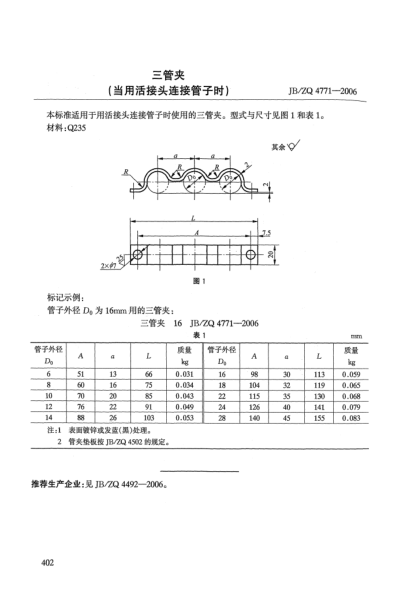 JB/ZQ 4771-2006三管夹(当用活接头连接管子时)